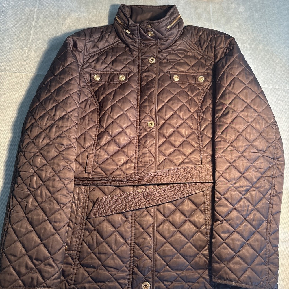 Croft & Barrow Womens Quilted Barn Jacket Brown Belted Mock Neck Size M